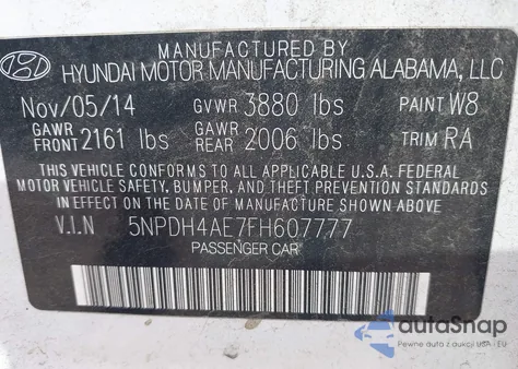 2015 Hyundai Elantra Limited from USA, damaged, VIN 5NPDH4AE7FH607777